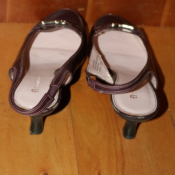 Etienne Aigner E-Chalon Brown Leather w Buckle Elastic Sling Back Kitten Heels - Picture 7 of 9